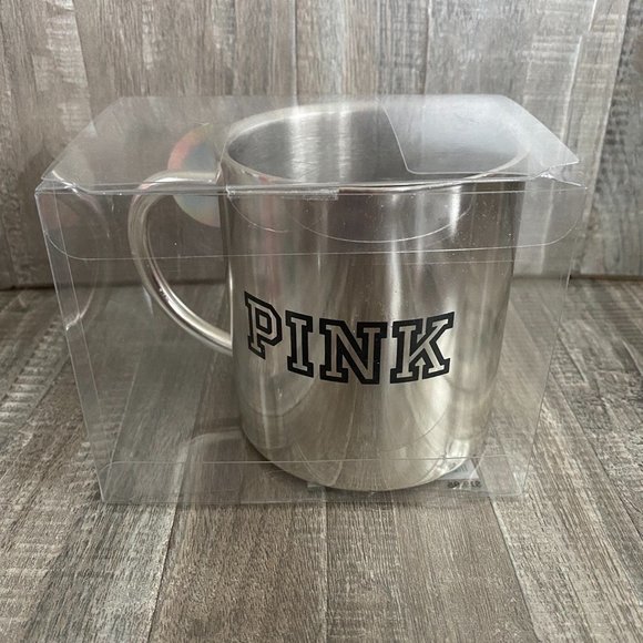 NWT PINK Logo Metal Mug 14 oz Silver with Black Dog Logo - Picture 2 of 10